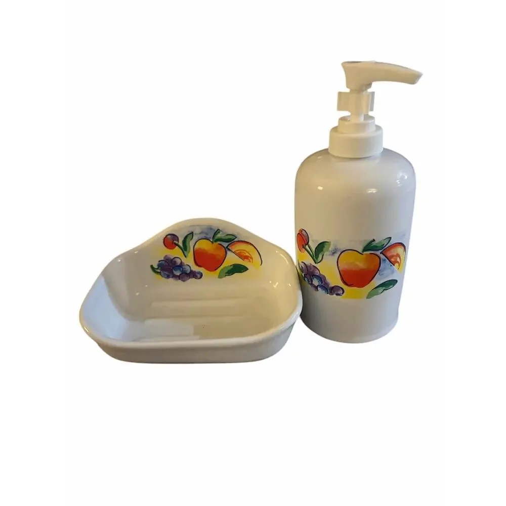 Vintage Corelle Abundance Fruit Ceramic Soap Dish & Lotion Dispenser Pump Set